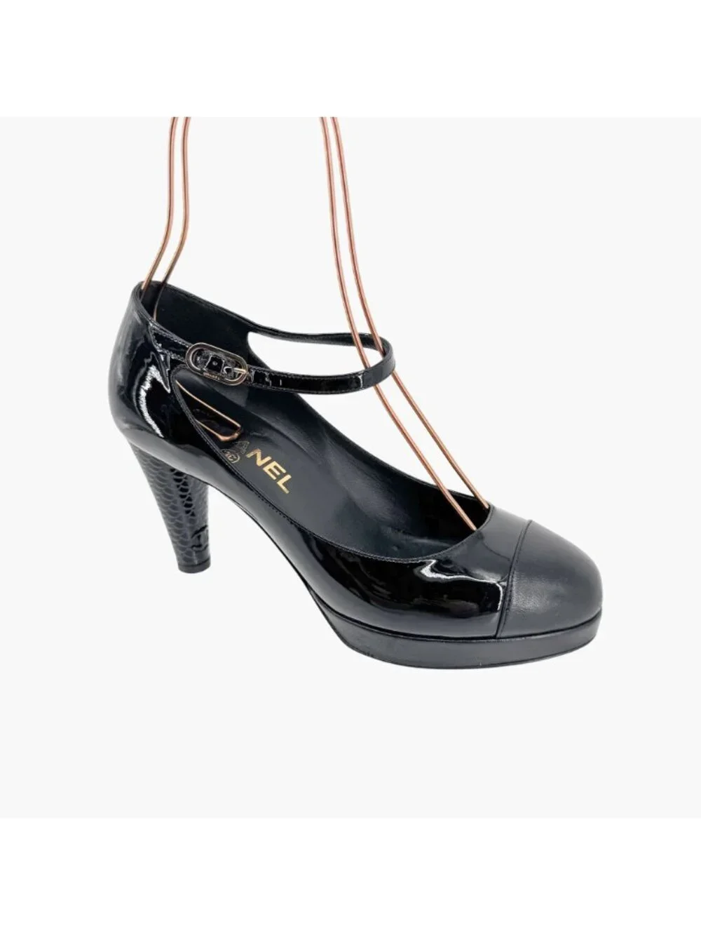 Chanel Platform Pumps Size 38 US 7-7.5 Black Patent Cap Toe Mary Jane Mid Heel - Picture 9 of 15